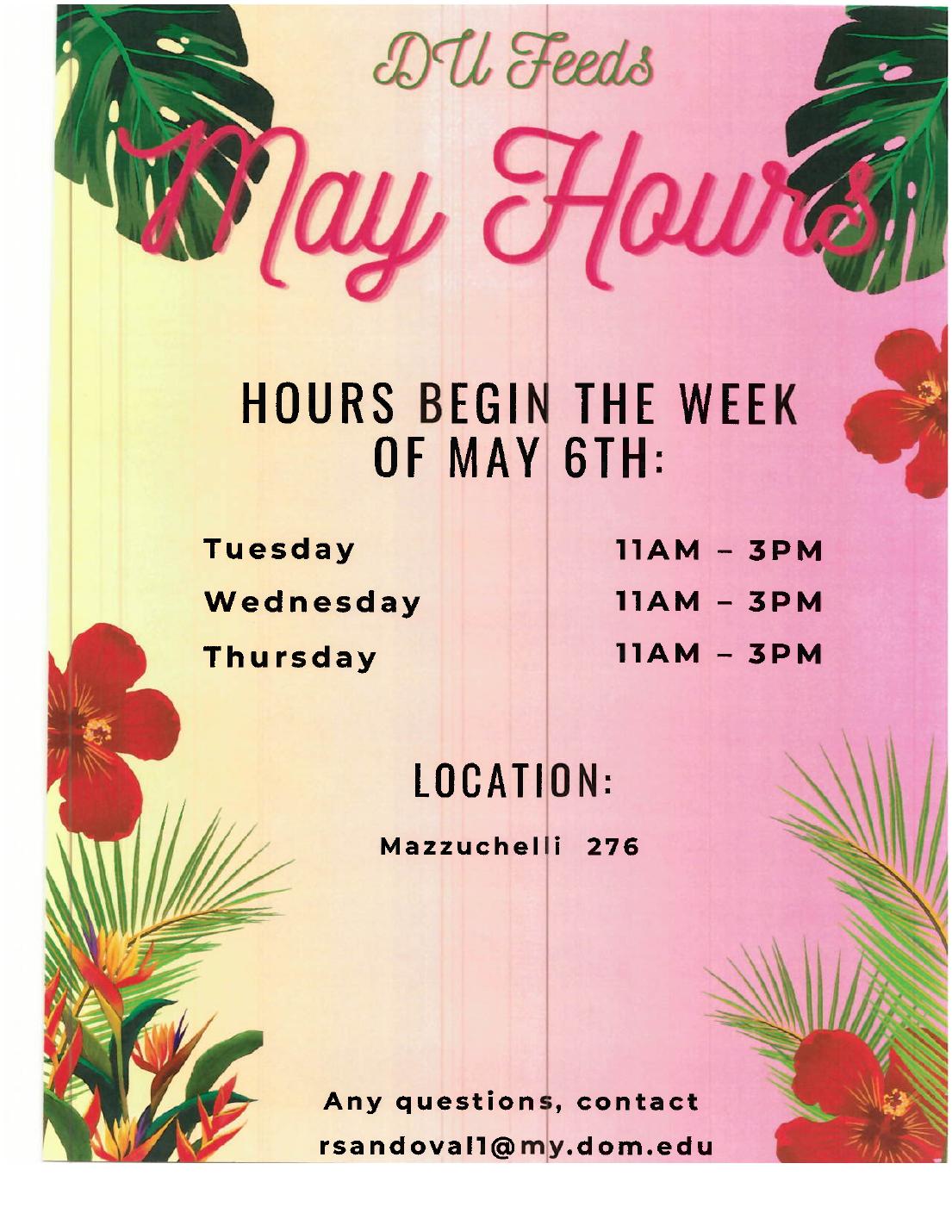 DU Feeds May hours flyer — Mazzuchelli 276